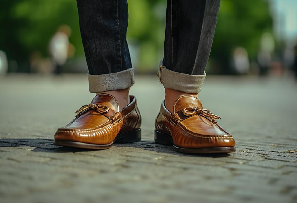 man wearing brown moccasins with rolled jeans