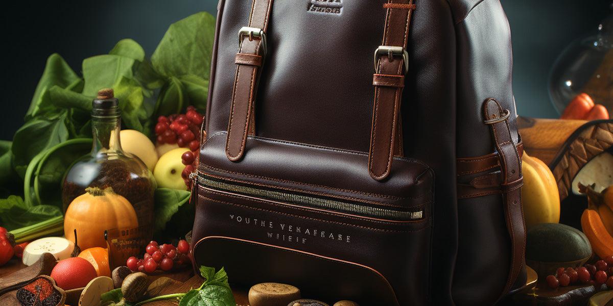 leather bag next to fruit