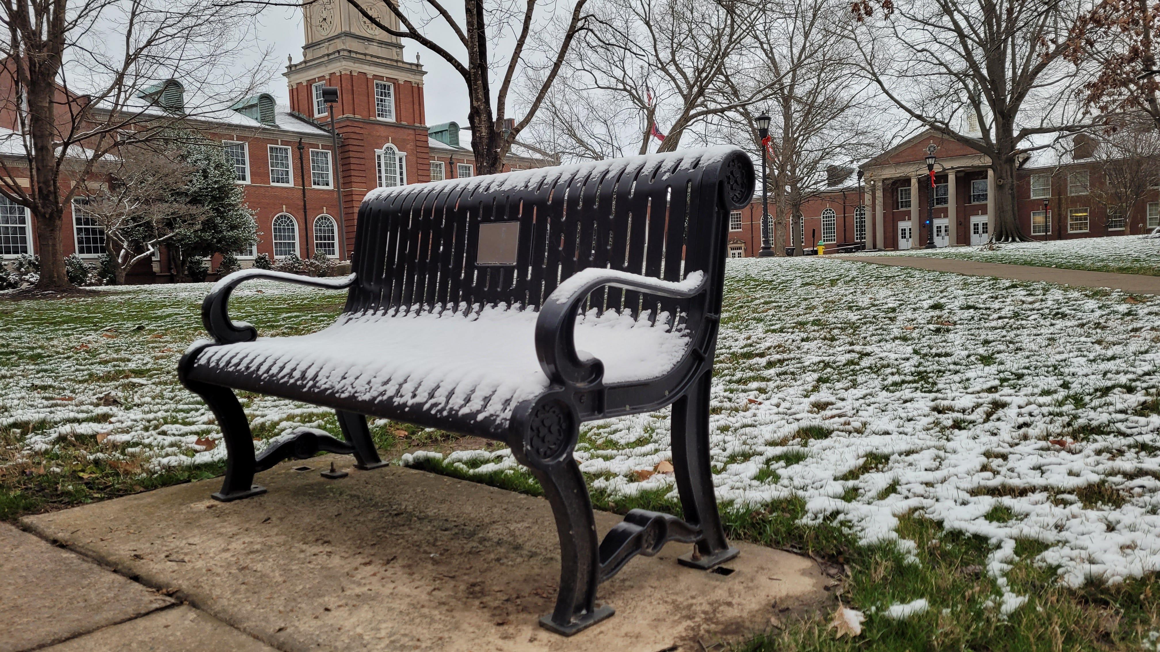 About an inch of snow coats a bench at Austin Peay State University on Monday, Jan. 3, 2022.