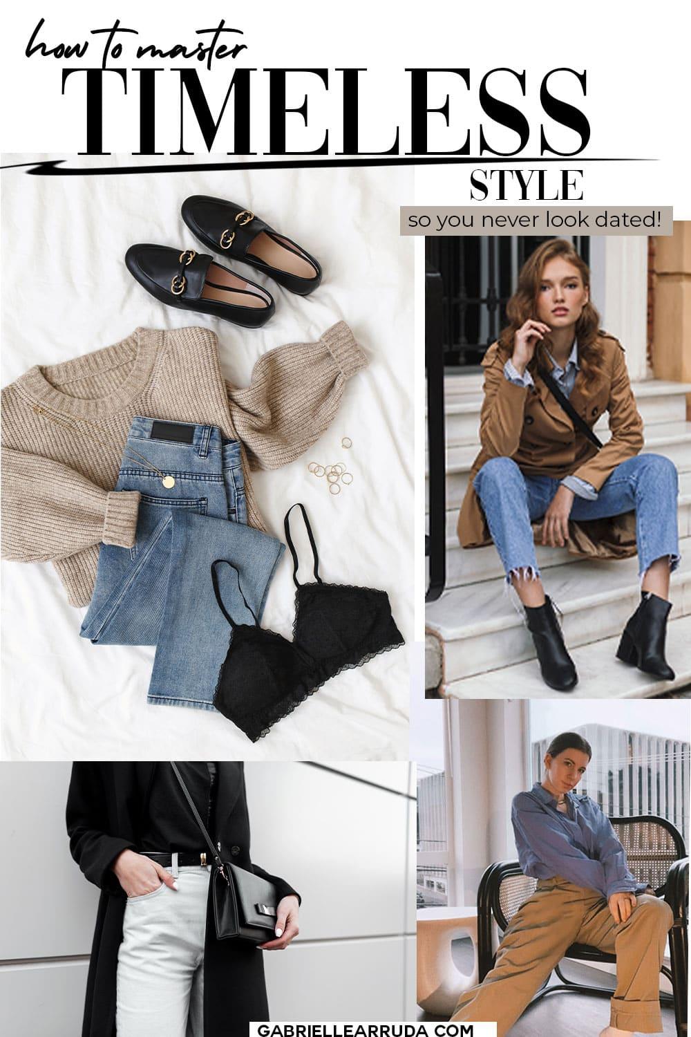 how to master timeless style and never look dated- classic outfit flatlay, woman wearing jeans and trench, elegant outfit on style blogger gabrielle arruda with wide leg trouser and blue shirt, cropped image of woman wearing black coat, black crossbody, and white jeans. elegant fashion