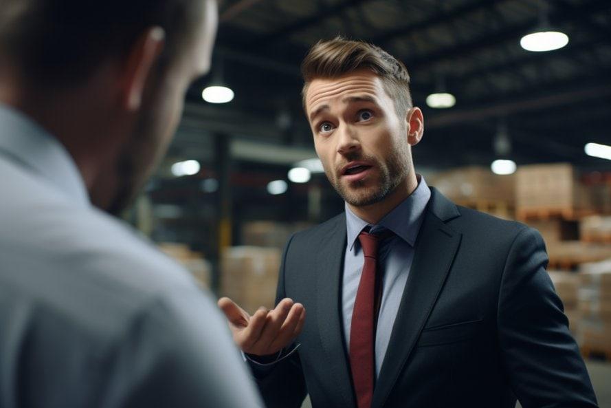 Man wearing suit in a warehouse