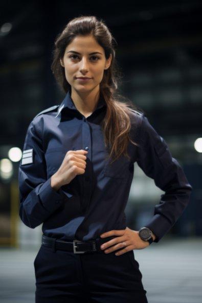 Woman wearing clothes suitable for the physical nature of a warehouse job