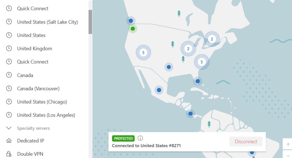 Shows how to connect to a VPN server using NordVPN.