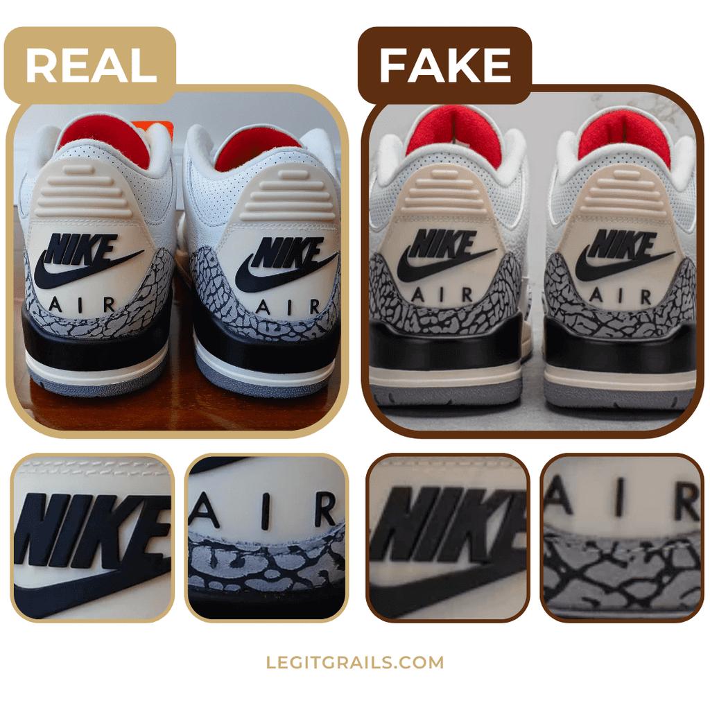 visual comparison of real versus fake Jordan 3 sneakers