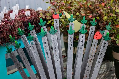 A collection of metal garden stakes.