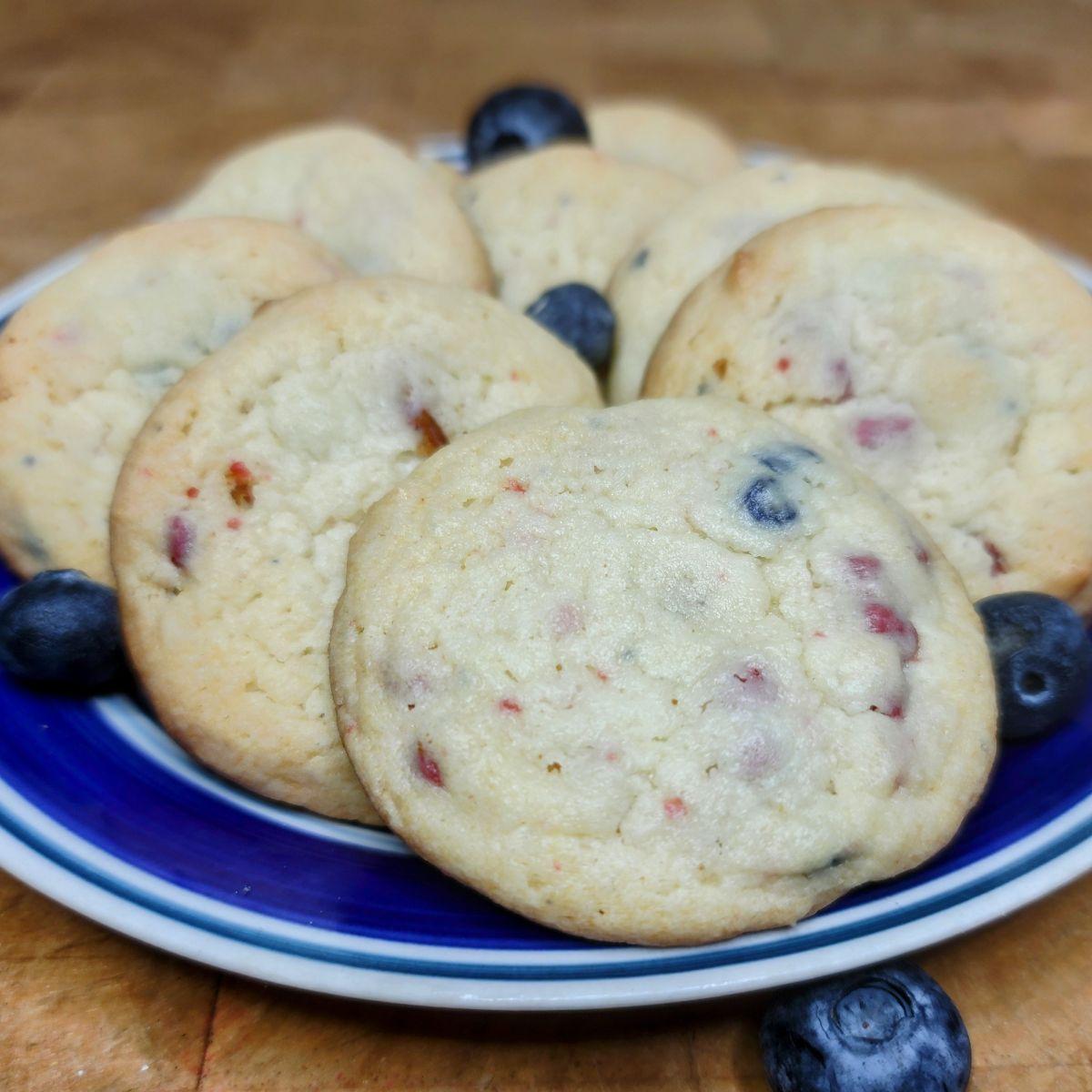 Mixed berry muffin mix cookies on a plate.