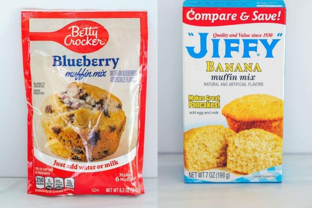 Two different kinds of muffin mix, one blueberry in a bag and one banana in a box