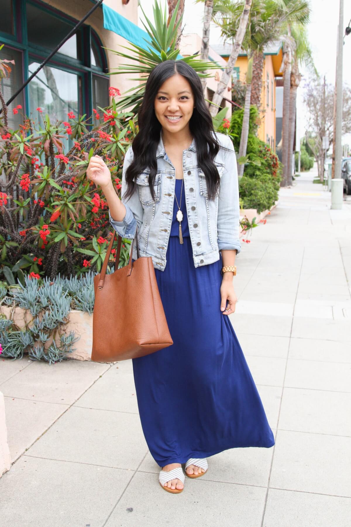 denim jacket outfit: denim jacket + blue dress + white sandals + pendant necklace + brown tote