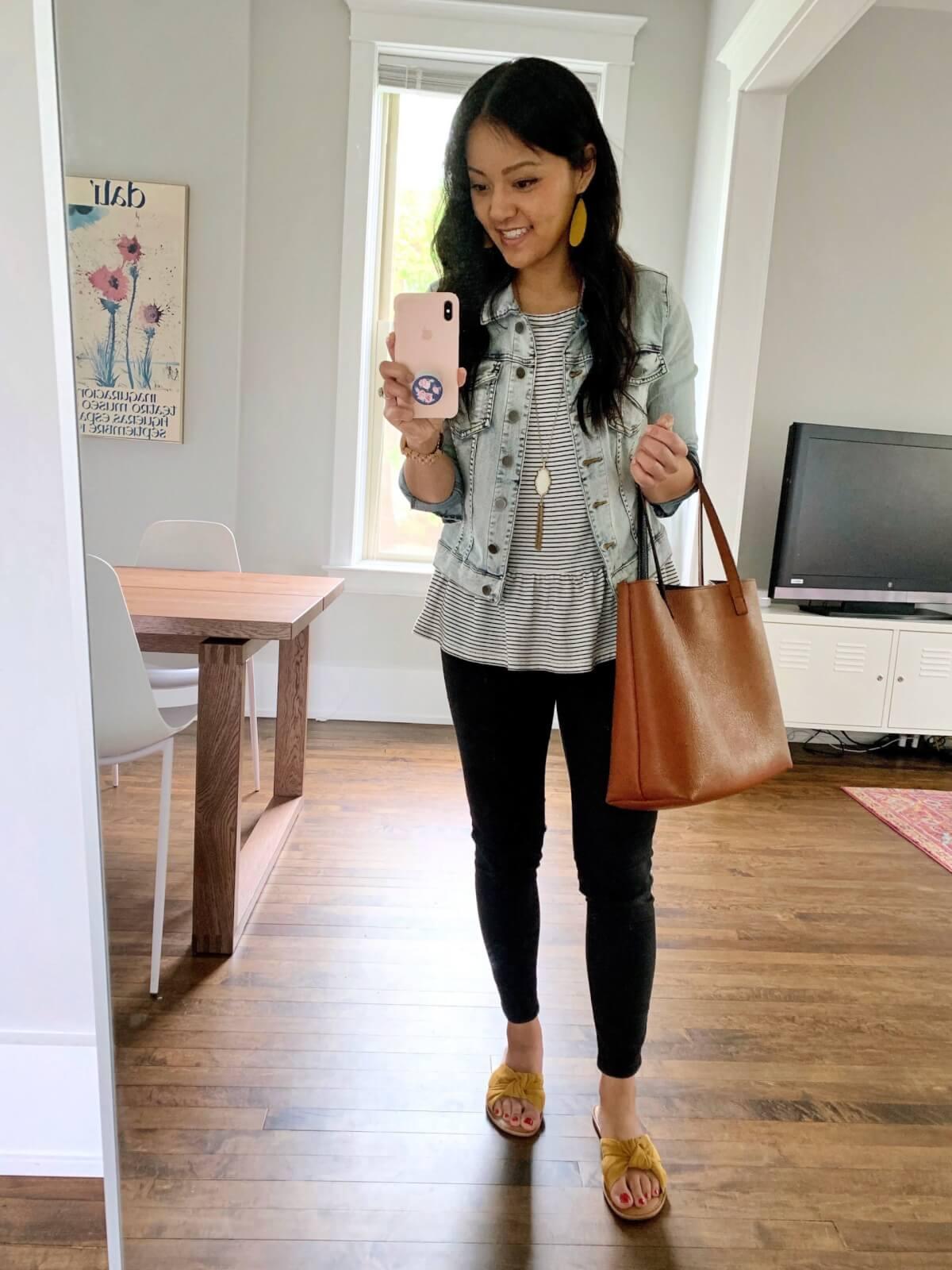 denim jacket outfit: denim jacket + striped peplum tee + black jeans + yellow sandals + brown tote + pendant necklace + yellow earrings