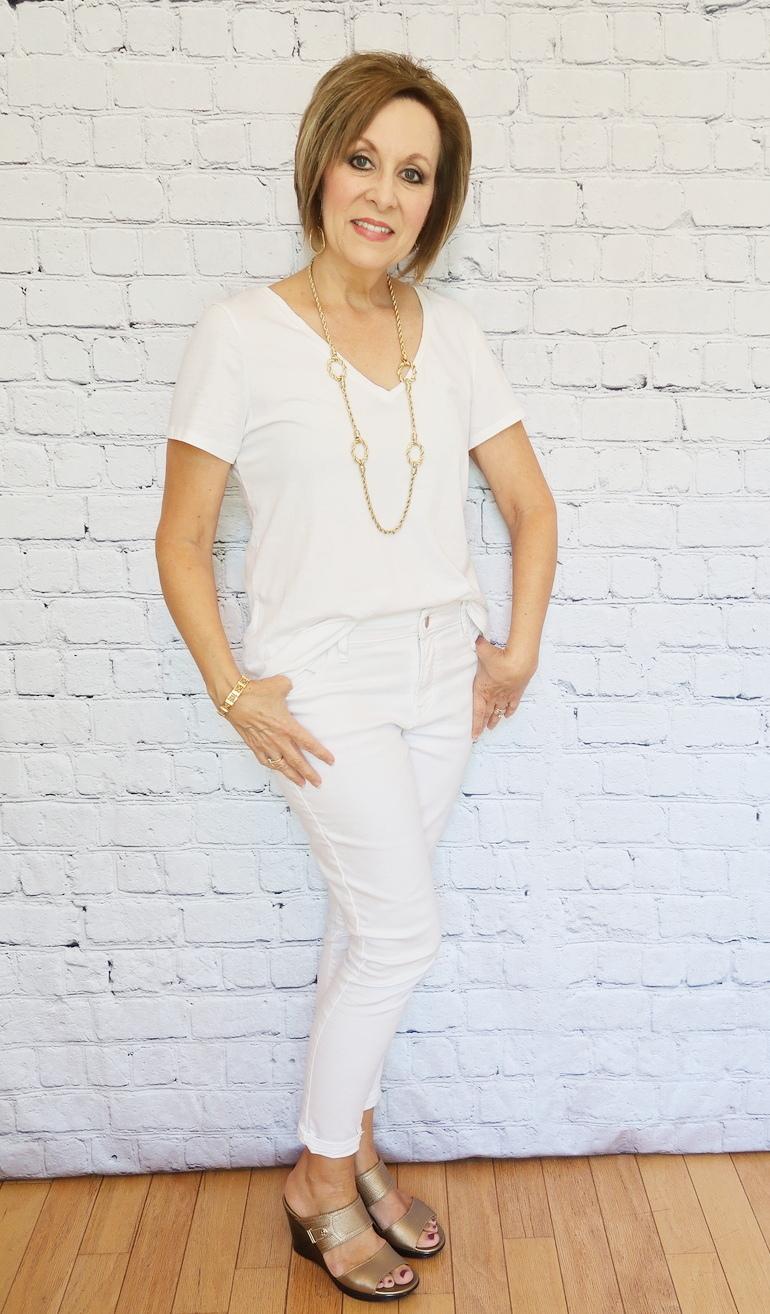 50 With Flair, Over 50 Style, White Monochromatic Outfit, White Jeans, White T-shirt, White Cardigan, Gold Accessories, Gold Shoes