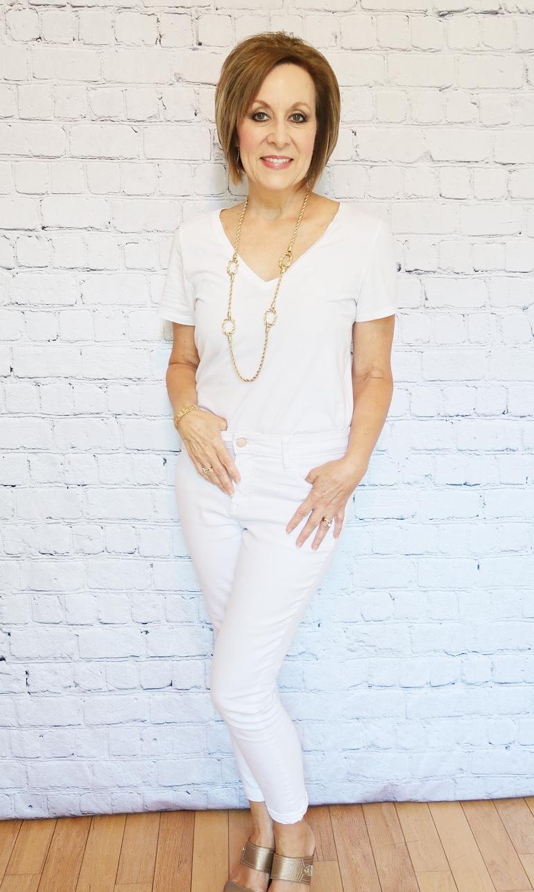 50 With Flair, Over 50 Style, White Monochromatic Outfit, White Jeans, White T-shirt, White Cardigan, Gold Accessories, Gold Shoes