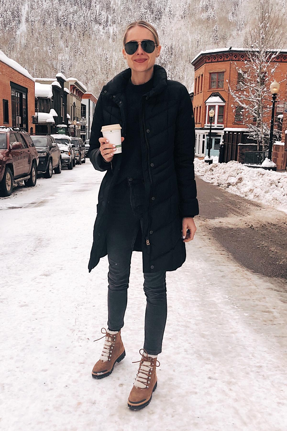 fall outfit with oversized coat and flat ankle boots