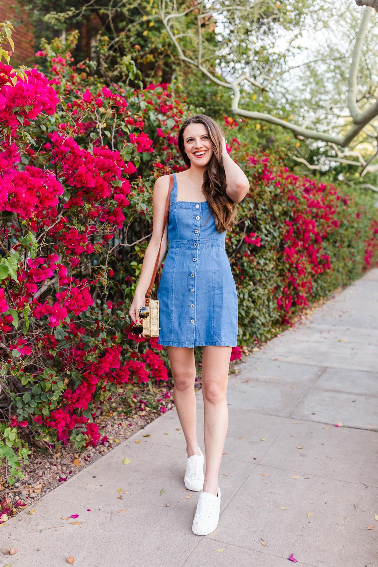 denim dress and white sneakers