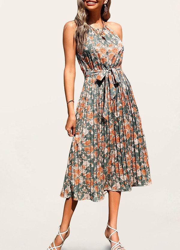 Sparkling Summer Green Floral Print Pleated Midi Dress Dresses | Azazie