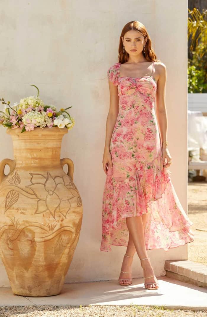 pink floral dress shown on model