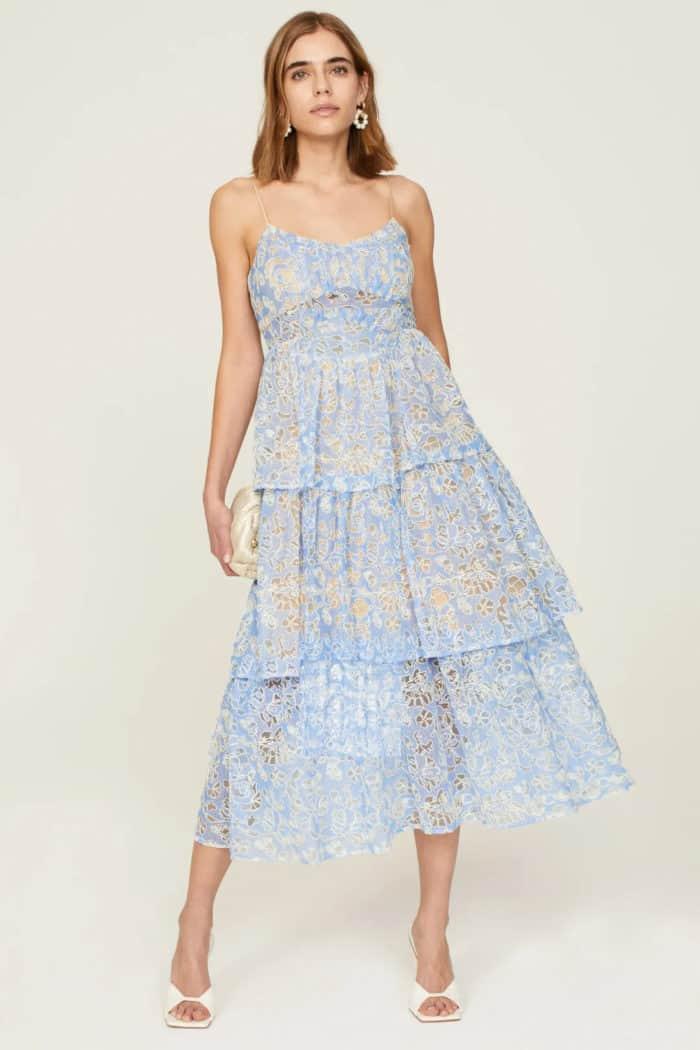 light blue wedding guest dress shown on model