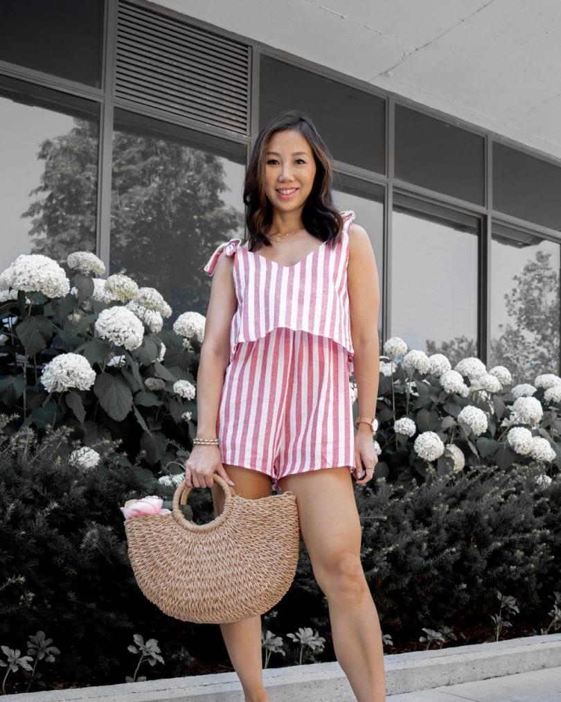 Summer Style - striped romper, cape blazer, woven bag and pink sandals