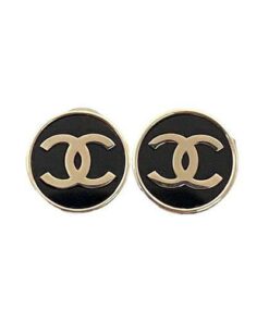 Chanel Double C Black Gold Button Stud Earrings in Black and Gold Color