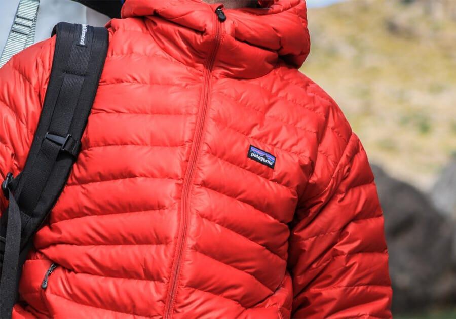 Close up of a bright red padded insulated jacket by Patagonia