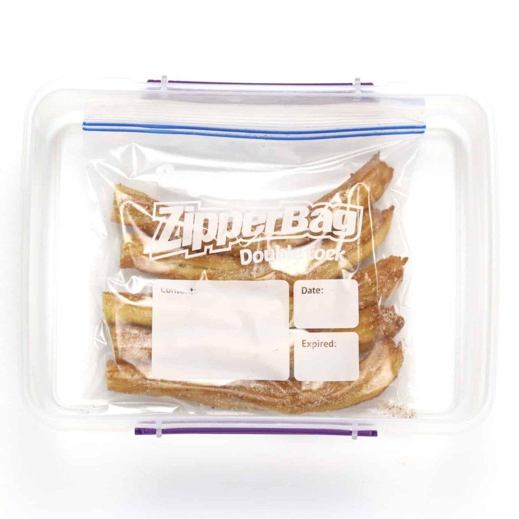 Churros double packed inside a freezer bag and airtight container