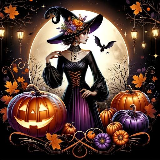 An elegant, lifelike graphic showing a stylish witch in her costume against a festive Halloween-themed backdrop. The scene includes realistic pumpkins, autumn leaves, and a moonlit night, rendered in a warm and family-friendly style. The vibrant color palette highlights traditional Halloween colors like orange, black, and purple, creating an atmospheric and engaging Halloween scene introducing our section on Halloween costumes.