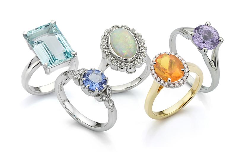 Coloured gemstone rings. Some were created with clients