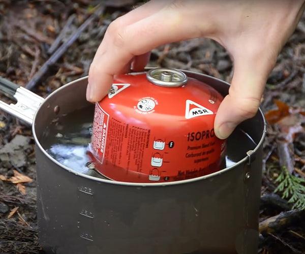 floating a stove fuel canister to see how much fuel is in it