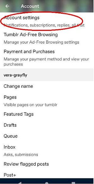 Screenshot of the Account page on the Tumblr app for Android
