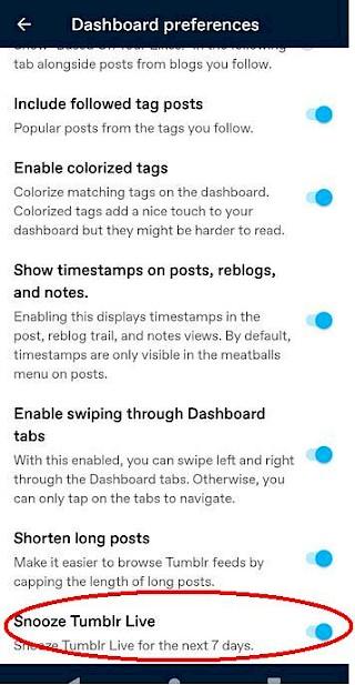 Screenshot of dashboard preferences screen in the Tumblr app for Android
