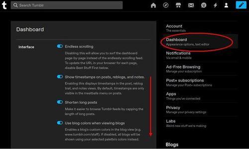 Screenshot of dashboard section of settings in Tumblr desktop