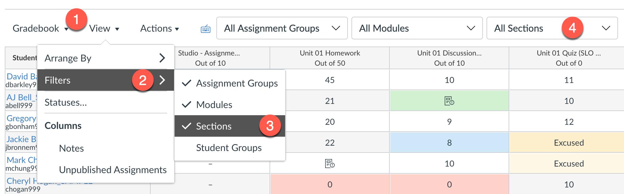 Add the Sections filter in the Gradebook