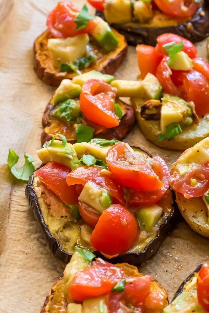 Keto bruschetta on parchment paper.
