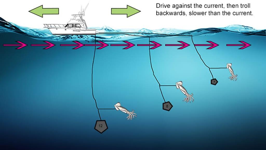 An illustration of the breakaway daytime Swordfish technique, which is also known as the Southern Florida rig.