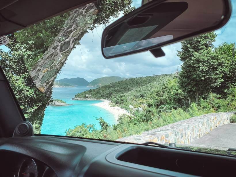 View of Trunk Bay from rental car at North Shore overlook - getting to St John USVI