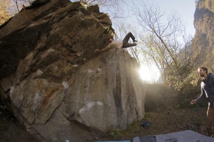 A powerful bouldering move