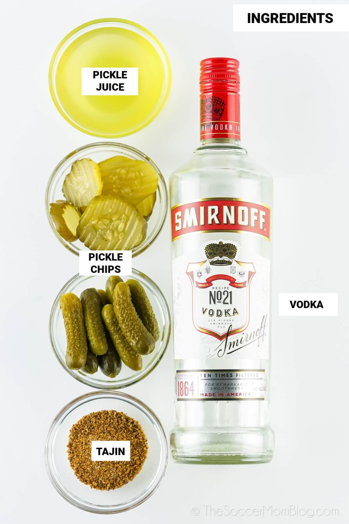 ingredients to make pickle shots, with text labels