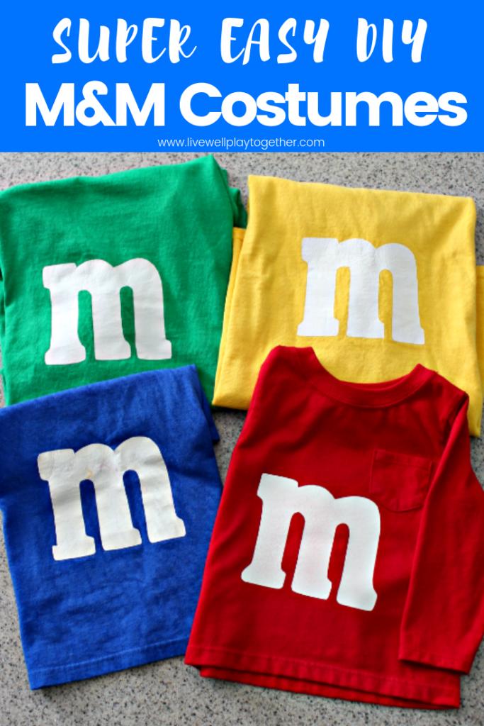 Fun, easy to make DIY M&M costumes. inspired by the classic M&M candies. FUN idea for last minute costumes and great for family costumes or group costumes! from livewellplaytogether.com #halloween #diycostumes #groupcostumeideas #costumesideasforkids