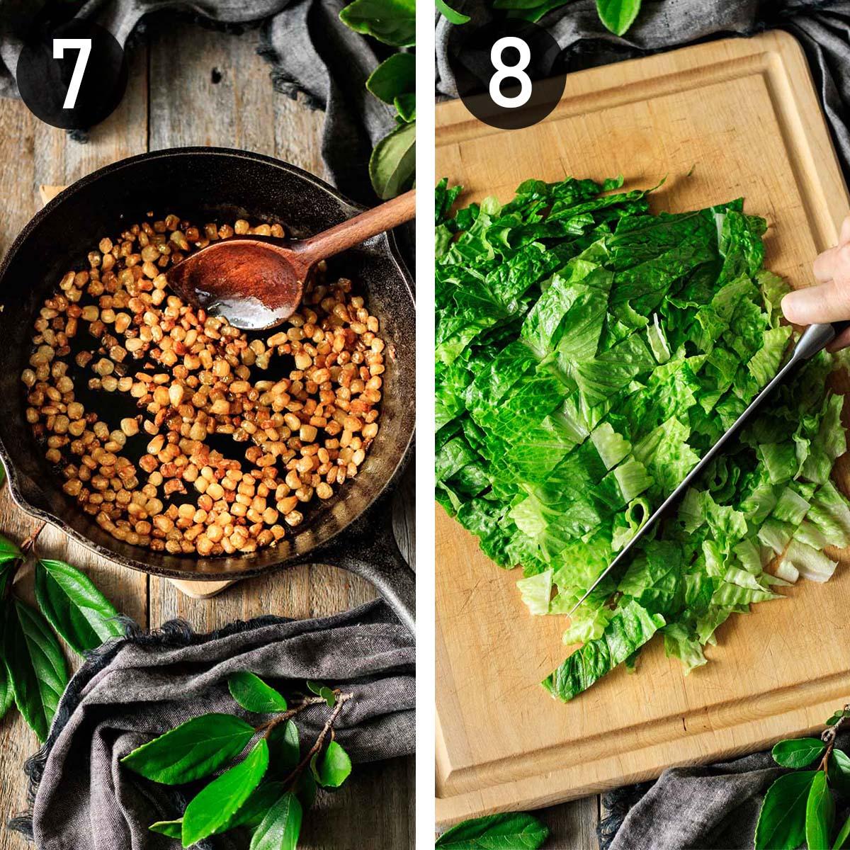 charred corn in a skillet and chopped romaine on a cutting board.