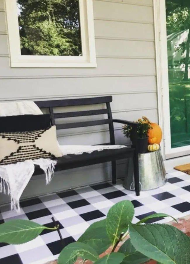 Gingham painted concrete porch floor