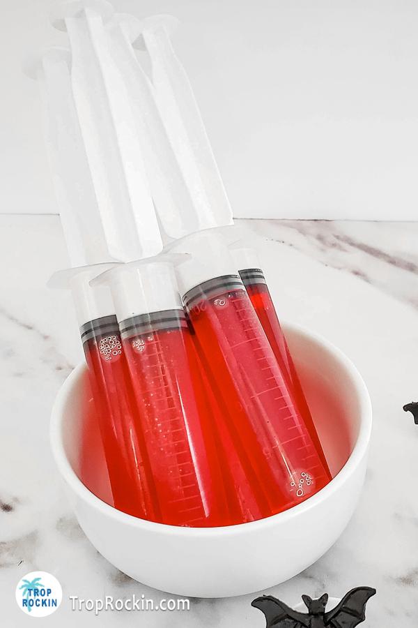 Halloween Shots in Syringes shocased in a bowl.