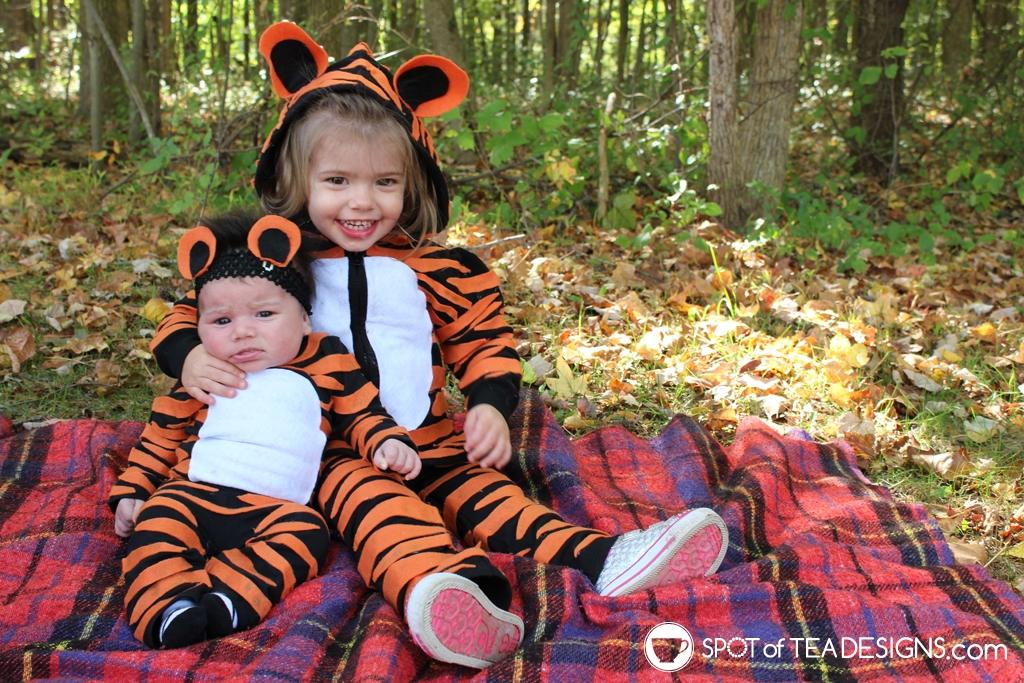 DIY Tiger Halloween Costumes for Kids made with a hoodie and a onesie | spotofteadesigns.com