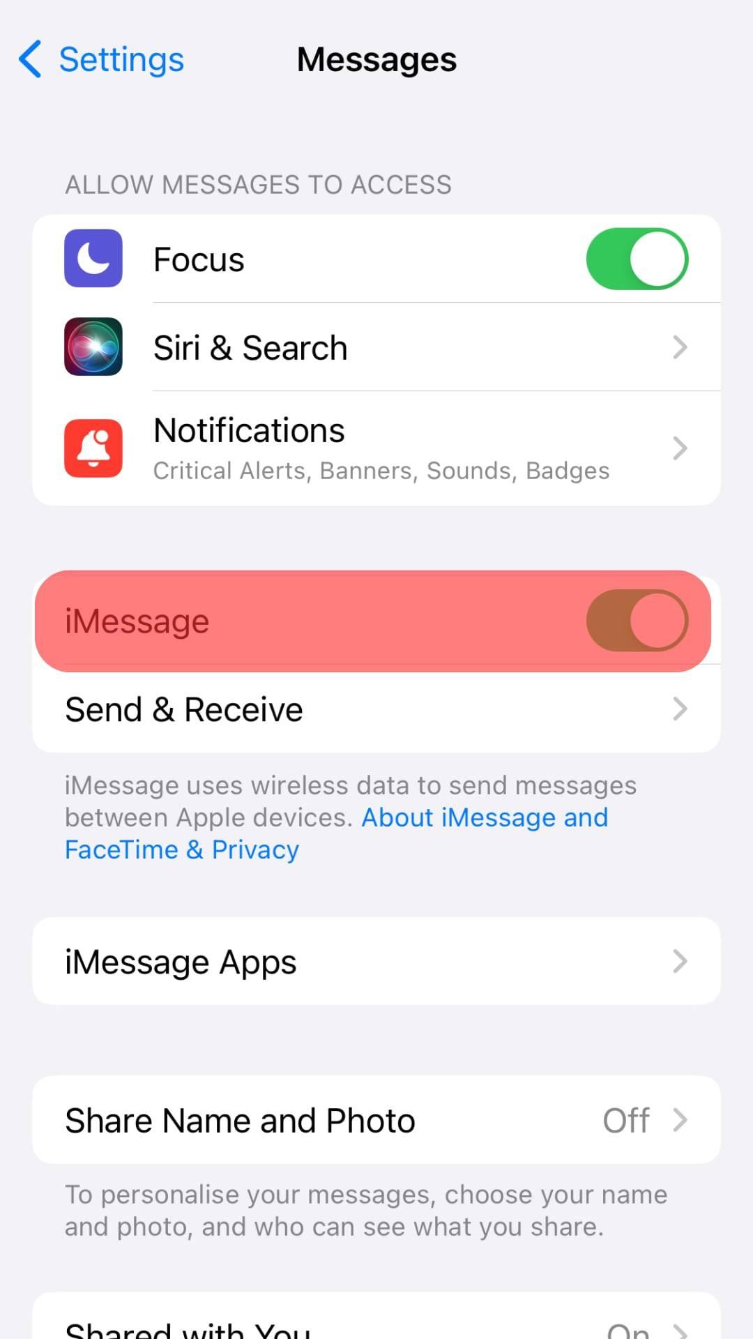 Turn On The Toggle For Imessage.