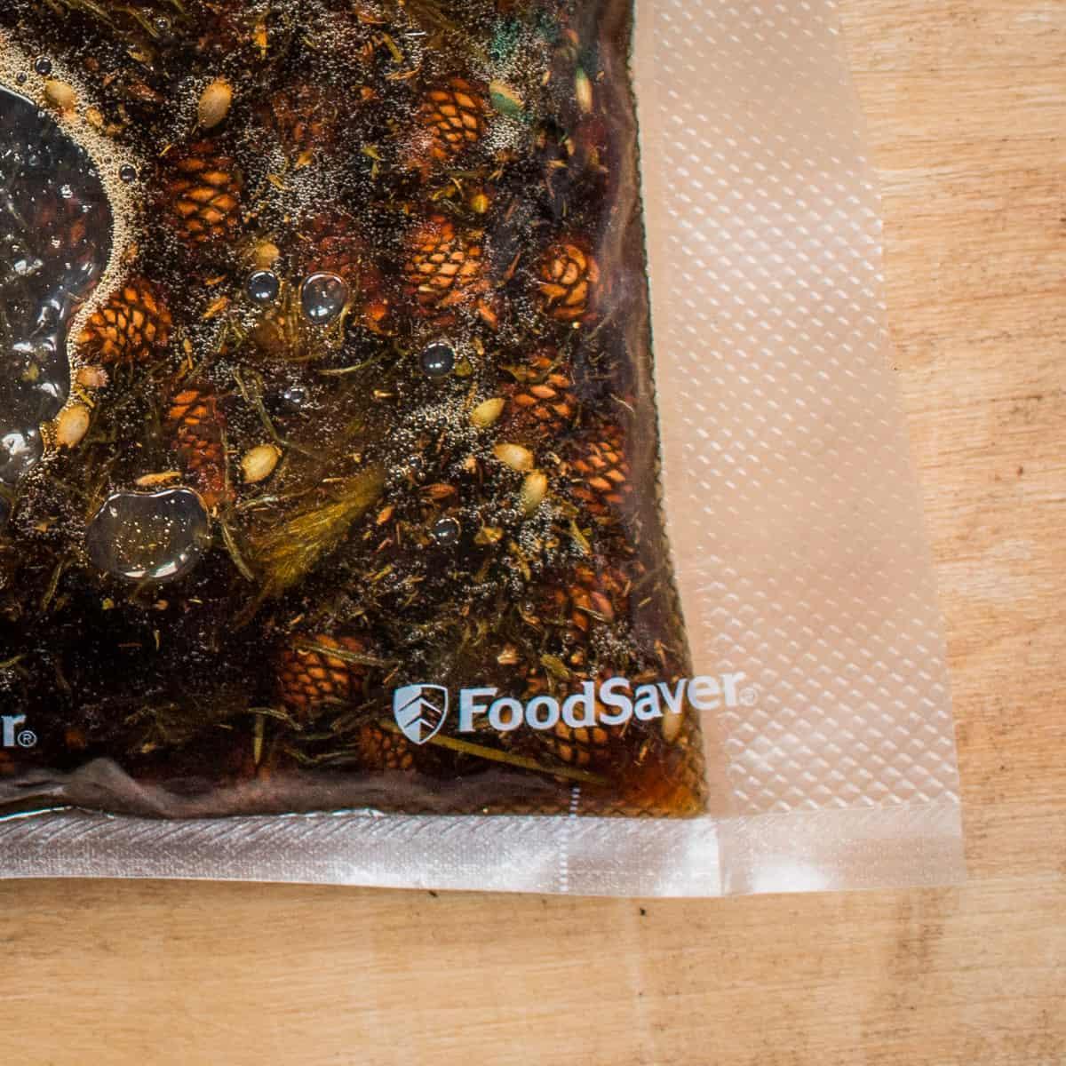 Vacuum sealed spruce tip and pine cone syrup