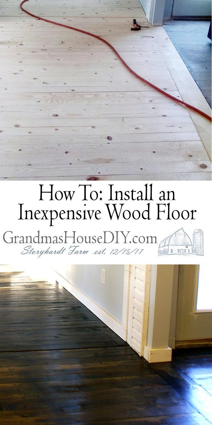 How to install an inexpensive wood floor at Grandmas house diy. Tips and tutorials to lay down a pine floor for under $300, wood working do it yourself. Pine 1x4 floor stained with dark walnut by minwax, easy to lay down yourself and looks beautiful!