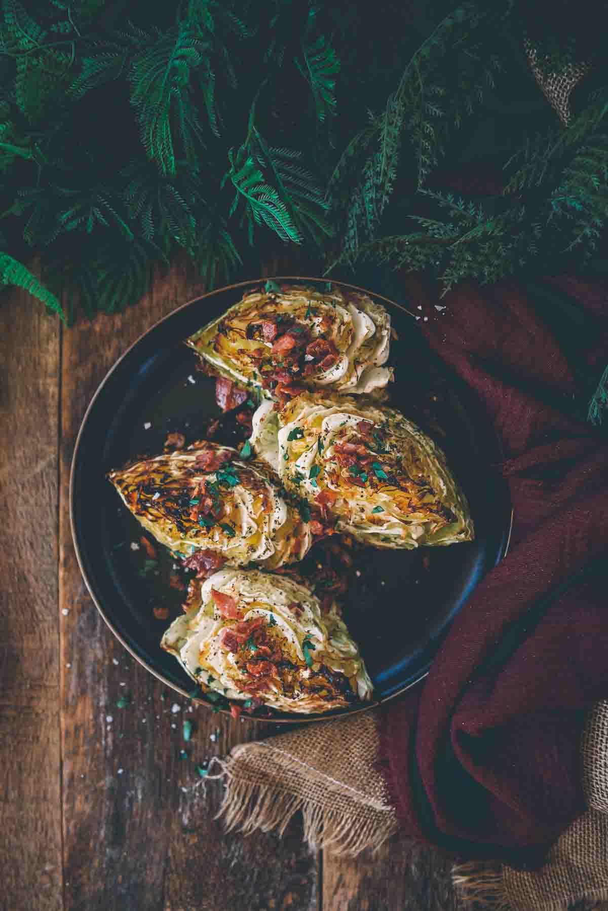 Above shot of platter of smoked cabbage wedges.