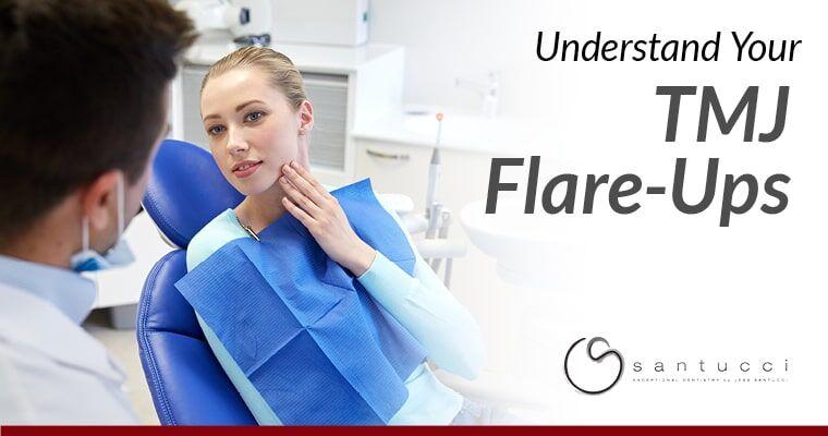 Female dental patient at Orinda, CA dentist with text over image, "Understand Your TMJ Flare-Ups"