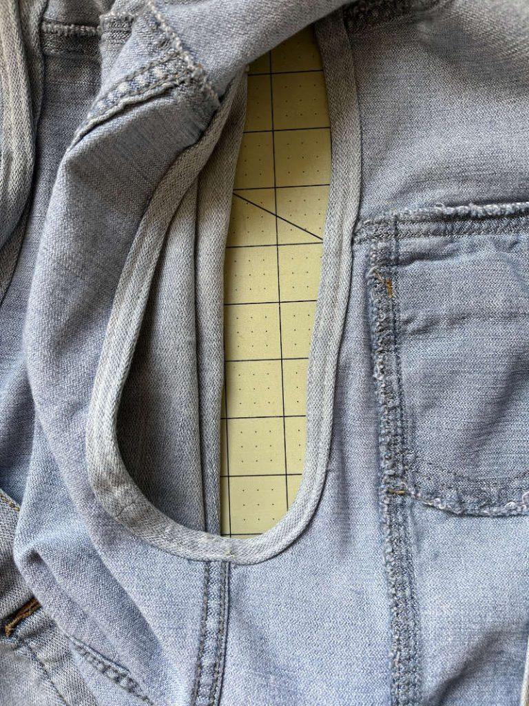 showing inside of finished binding on denim jacket