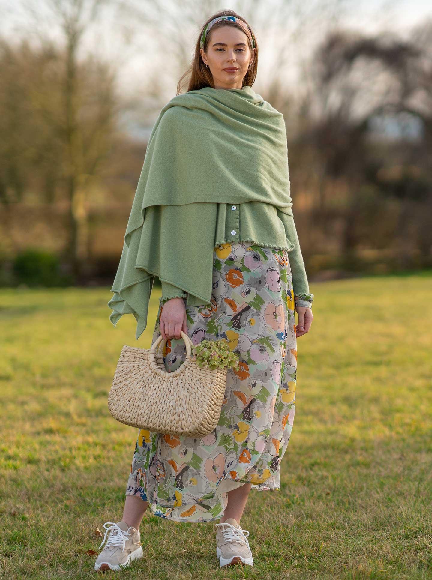 sage green cashmere wrap worn for lunch with friends